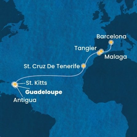 Guadeloupe, Svatý Kryštof a Nevis, Antigua a Barbuda, Španělsko, Maroko z Pointe-à-Pitre na lodi Costa Favolosa