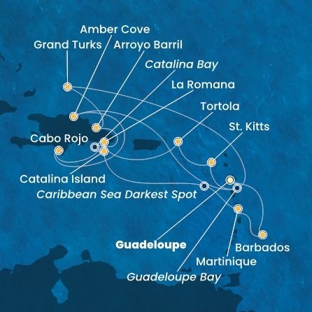 Guadeloupe, Svatý Kryštof a Nevis, Britské Panenské ostrovy, Dominikánská republika, Zámořské území Velké Británie, Martinik, Barbados z Pointe-à-Pitre na lodi Costa Fascinosa