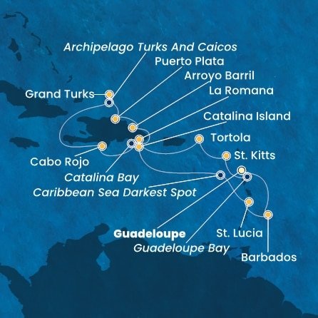 Guadeloupe, Svatý Kryštof a Nevis, Britské Panenské ostrovy, Dominikánská republika, Zámořské území Velké Británie, Svatá Lucie, Barbados z Pointe-à-Pitre na lodi Costa Fascinosa