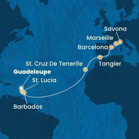Guadeloupe, Svatá Lucie, Barbados, Španělsko, Maroko, Francie, Itálie z Pointe-à-Pitre na lodi Costa Fascinosa