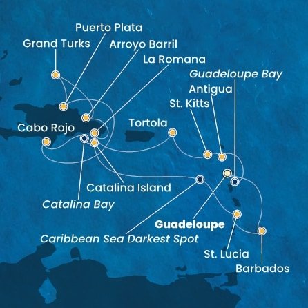 Guadeloupe, Antigua a Barbuda, Svatý Kryštof a Nevis, Britské Panenské ostrovy, Dominikánská republika, Zámořské území Velké Británie, Svatá Lucie, Barbados z Pointe-à-Pitre na lodi Costa Fascinosa