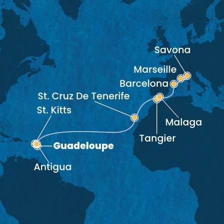 Guadeloupe, Svatý Kryštof a Nevis, Antigua a Barbuda, Španělsko, Maroko, Francie, Itálie z Pointe-à-Pitre na lodi Costa Favolosa