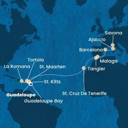 Guadeloupe, Svatý Kryštof a Nevis, Britské Panenské ostrovy, Dominikánská republika, Svatý Martin, Španělsko, Maroko, Francie, Itálie z Pointe-à-Pitre na lodi Costa Fascinosa