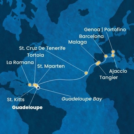 Guadeloupe, Svatý Kryštof a Nevis, Britské Panenské ostrovy, Dominikánská republika, Svatý Martin, Španělsko, Maroko, Francie, Itálie z Pointe-à-Pitre na lodi Costa Fascinosa