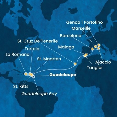 Guadeloupe, Svatý Kryštof a Nevis, Britské Panenské ostrovy, Dominikánská republika, Svatý Martin, Španělsko, Maroko, Francie, Itálie z Pointe-à-Pitre na lodi Costa Fascinosa