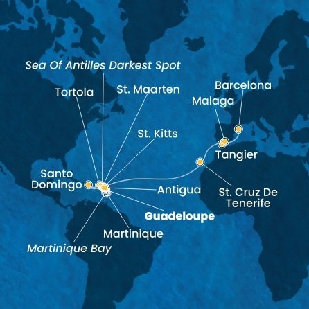 Guadeloupe, Svatý Kryštof a Nevis, Britské Panenské ostrovy, Dominikánská republika, Svatý Martin, Martinik, Antigua a Barbuda, Španělsko, Maroko z Pointe-à-Pitre na lodi Costa Favolosa