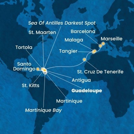 Guadeloupe, Svatý Kryštof a Nevis, Britské Panenské ostrovy, Dominikánská republika, Svatý Martin, Martinik, Antigua a Barbuda, Španělsko, Maroko, Francie z Pointe-à-Pitre na lodi Costa Favolosa