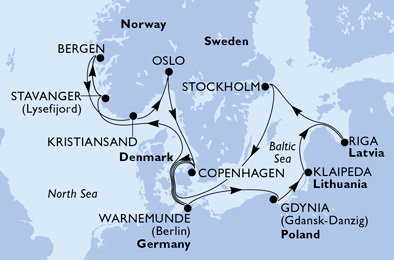 Německo, Norsko, Dánsko, Polsko, Litva, Lotyšsko, Švédsko z Warnemünde na lodi MSC Magnifica