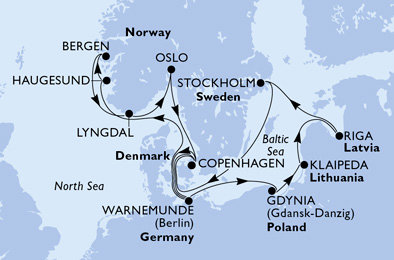 Německo, Norsko, Dánsko, Polsko, Litva, Lotyšsko, Švédsko z Warnemünde na lodi MSC Magnifica
