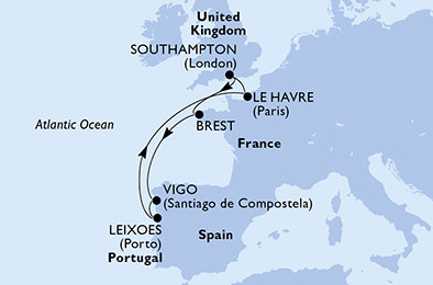 Velká Británie, Francie, Španělsko, Portugalsko ze Southamptonu na lodi MSC Meraviglia