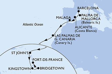 Španělsko, Antigua a Barbuda, Svatý Vincenc a Grenadiny, Barbados, Martinik z Barcelony na lodi MSC World Asia