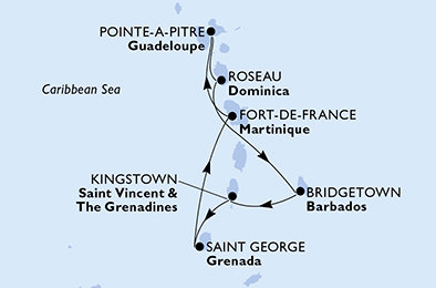 Martinik, Guadeloupe, Dominika, Barbados, Svatý Vincenc a Grenadiny, Grenada z Fort-de-France na lodi MSC World Asia