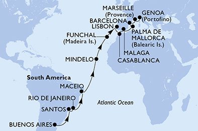Argentina, Brazílie, Kapverdy, Portugalsko, Maroko, Španělsko, Francie, Itálie z Buenos Aires na lodi MSC Seaview