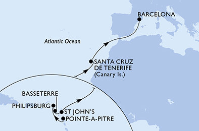 Guadeloupe, Svatý Martin, Svatý Kryštof a Nevis, Antigua a Barbuda, Španělsko z Pointe-à-Pitre na lodi MSC World Europa