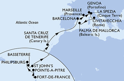 Martinik, Guadeloupe, Svatý Martin, Svatý Kryštof a Nevis, Antigua a Barbuda, Španělsko, Francie, Itálie z Fort-de-France na lodi MSC World Europa