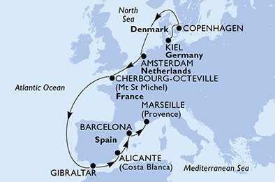 Německo, Dánsko, Nizozemsko, Francie, Velká Británie, Španělsko z Kielu na lodi MSC Euribia