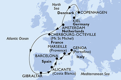 Německo, Dánsko, Nizozemsko, Francie, Velká Británie, Španělsko, Itálie z Kielu na lodi MSC Euribia