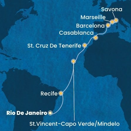 Brazílie, Sao Vincente, Tenerife, Maroko, Španělsko, Francie, Itálie z Rio de Janeira na lodi Costa Favolosa