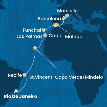 Brazílie, Kapverdy, Španělsko, Portugalsko, Francie z Rio de Janeira na lodi Costa Serena