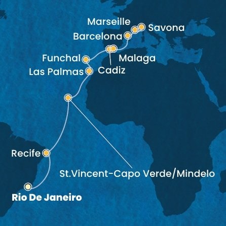 Brazílie, Kapverdy, Španělsko, Portugalsko, Francie, Itálie z Rio de Janeira na lodi Costa Serena