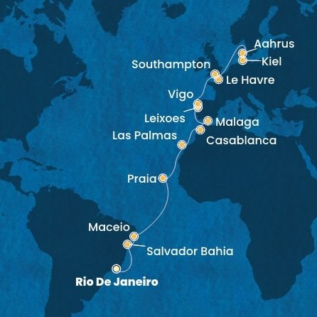 Brazílie, Kapverdy, Španělsko, Maroko, Portugalsko, Francie, Velká Británie, Dánsko, Německo z Rio de Janeira na lodi Costa Diadema
