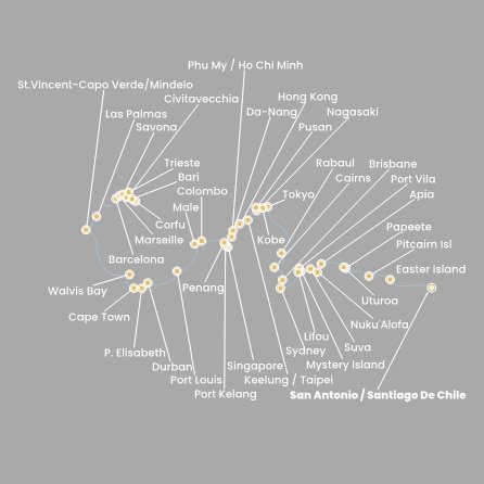 Chile, Zámořské území Velké Británie, Francouzská Polynésie, Zámořské společenství Francie, Samoa, Tonga, Fidži, Vanuatu, Nová Kaledonie, Austrálie, Papua Nová Guinea, Japonsko, Jižní Korea, Tchaj-wan, Čína, Vietnam, Singapur, Malajsie, Srí Lanka, Maledivy, Mauricius, Jihoafrická republika, Namibie, Kapverdy, Španělsko, Francie, Itálie, Řecko ze San Antonio na lodi Costa Deliziosa