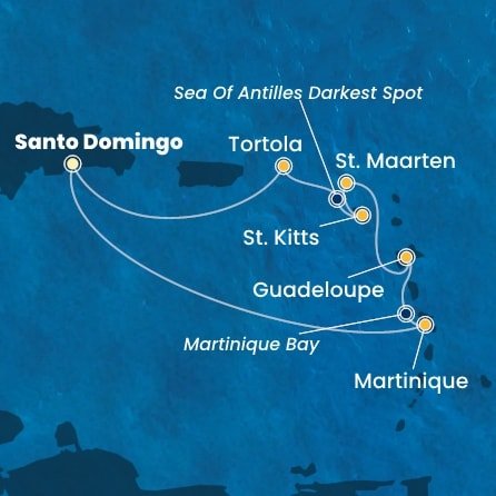 Dominikánská republika, Martinik, Guadeloupe, Svatý Martin, Svatý Kryštof a Nevis, Britské Panenské ostrovy ze Santo Dominga na lodi Costa Favolosa