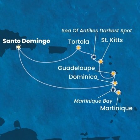 Dominikánská republika, Dominika, Martinik, Guadeloupe, Svatý Kryštof a Nevis, Britské Panenské ostrovy ze Santo Dominga na lodi Costa Favolosa