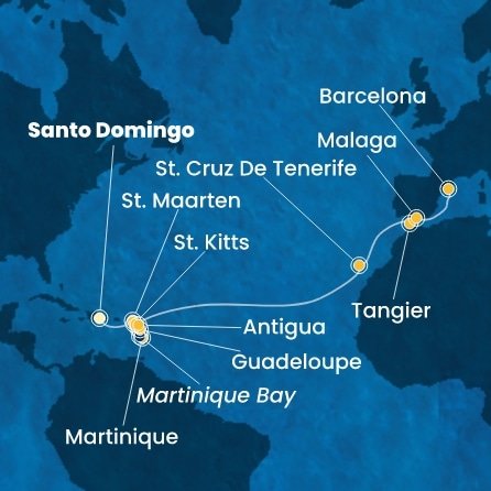 Dominikánská republika, Svatý Martin, Martinik, Guadeloupe, Svatý Kryštof a Nevis, Antigua a Barbuda, Španělsko, Maroko ze Santo Dominga na lodi Costa Favolosa