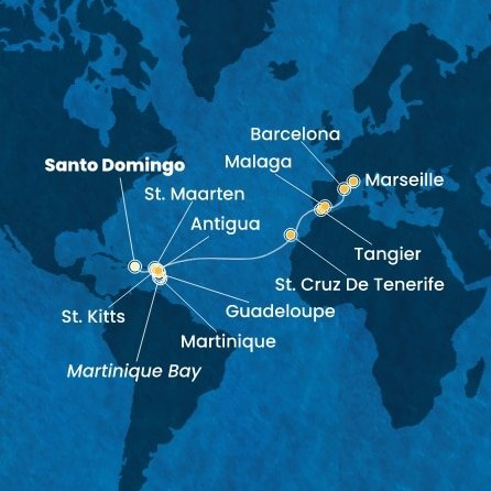 Dominikánská republika, Svatý Martin, Martinik, Guadeloupe, Svatý Kryštof a Nevis, Antigua a Barbuda, Španělsko, Maroko, Francie ze Santo Dominga na lodi Costa Favolosa