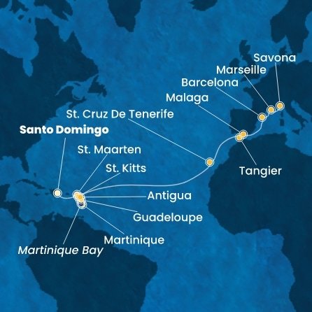 Dominikánská republika, Svatý Martin, Martinik, Guadeloupe, Svatý Kryštof a Nevis, Antigua a Barbuda, Španělsko, Maroko, Francie, Itálie ze Santo Dominga na lodi Costa Favolosa