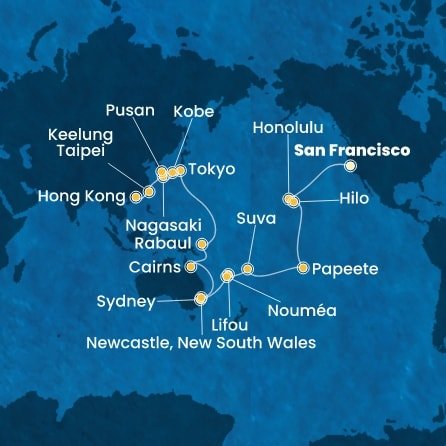 USA, Francouzská Polynésie, Fidži, Nová Kaledonie, Austrálie, Papua Nová Guinea, Japonsko, Jižní Korea, Tchaj-wan, Čína ze San Francisca na lodi Costa Deliziosa