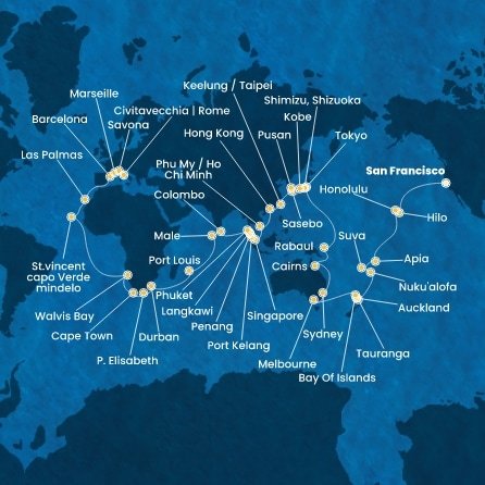 USA, Samoa, Fidži, Tonga, Nový Zéland, Austrálie, Papua Nová Guinea, Japonsko, Jižní Korea, Tchaj-wan, Čína, Vietnam, Singapur, Malajsie, Thajsko, Srí Lanka, Maledivy, Mauricius, Jihoafrická republika, Namibie, Kapverdy, Španělsko, Francie, Itálie ze San Francisca na lodi Costa Deliziosa