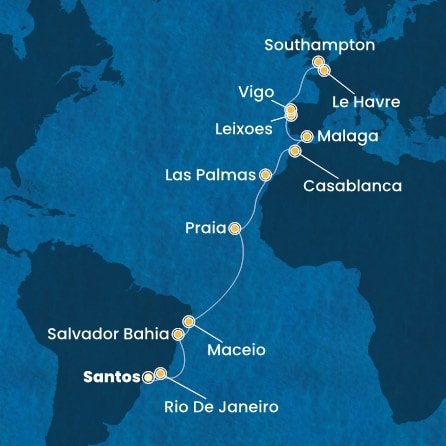 Brazílie, Kapverdy, Španělsko, Maroko, Portugalsko, Francie, Velká Británie ze Santosu na lodi Costa Diadema