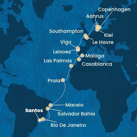 Brazílie, Kapverdy, Španělsko, Maroko, Portugalsko, Francie, Velká Británie, Dánsko, Německo ze Santosu na lodi Costa Diadema