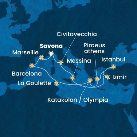 Itálie, Turecko, Řecko, Tunisko, Španělsko, Francie ze Savony na lodi Costa Favolosa