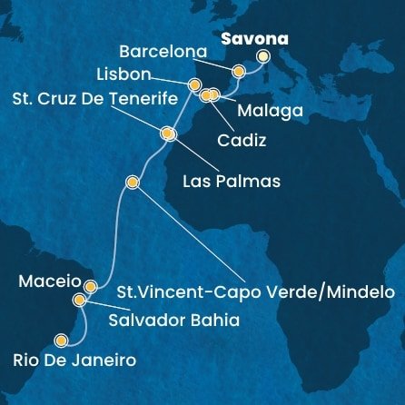 Itálie, Španělsko, Portugalsko, Kapverdy, Brazílie ze Savony na lodi Costa Diadema