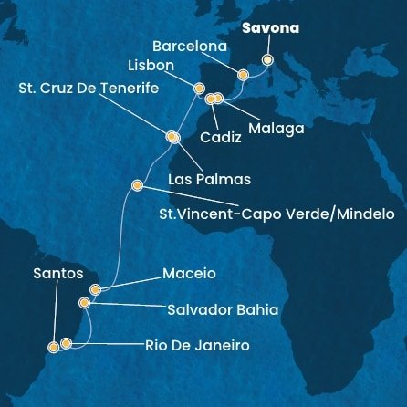 Itálie, Španělsko, Portugalsko, Kapverdy, Brazílie ze Savony na lodi Costa Diadema