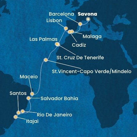 Itálie, Španělsko, Portugalsko, Kapverdy, Brazílie ze Savony na lodi Costa Diadema