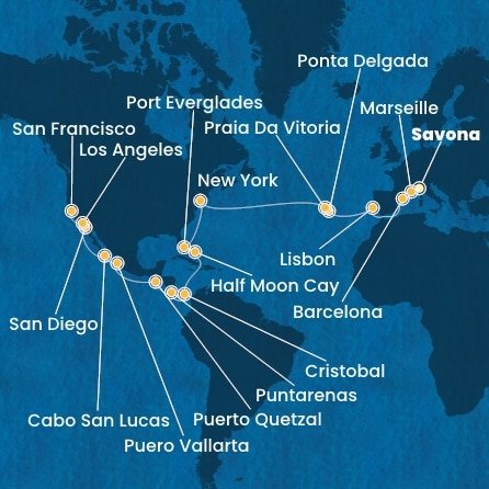 Itálie, Francie, Španělsko, Portugalsko, USA, Bahamy, Panama, Kostarika, Guatemala, Mexiko ze Savony na lodi Costa Deliziosa