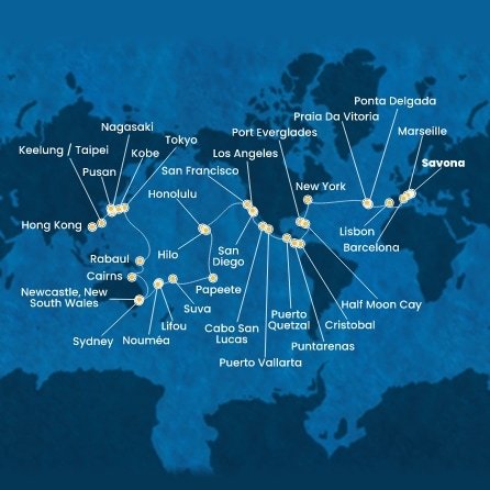 Itálie, Francie, Španělsko, Portugalsko, USA, Bahamy, Panama, Kostarika, Guatemala, Mexiko, Francouzská Polynésie, Fidži, Nová Kaledonie, Austrálie, Papua Nová Guinea, Japonsko, Jižní Korea, Tchaj-wan, Čína ze Savony na lodi Costa Deliziosa