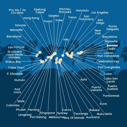 Itálie, Francie, Španělsko, Portugalsko, USA, Bahamy, Panama, Kostarika, Guatemala, Mexiko, Samoa, Fidži, Tonga, Nový Zéland, Austrálie, Papua Nová Guinea, Japonsko, Jižní Korea, Tchaj-wan, Čína, Vietnam, Singapur, Malajsie, Thajsko, Srí Lanka, Maledivy, Mauricius, Jihoafrická republika, Namibie, Kapverdy ze Savony na lodi Costa Deliziosa