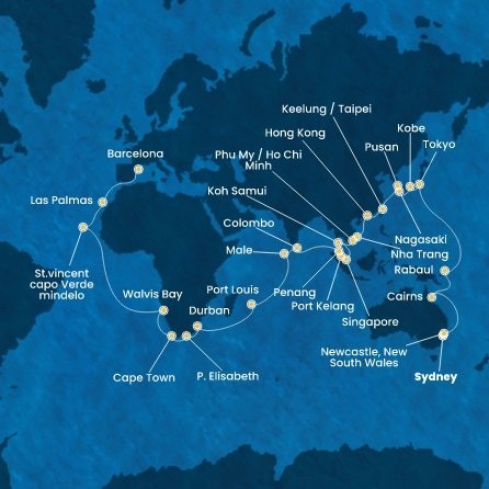 Austrálie, Papua Nová Guinea, Japonsko, Jižní Korea, Tchaj-wan, Čína, Vietnam, Thajsko, Singapur, Malajsie, Srí Lanka, Maledivy, Mauricius, Jihoafrická republika, Namibie, Kapverdy, Španělsko ze Sydney na lodi Costa Deliziosa