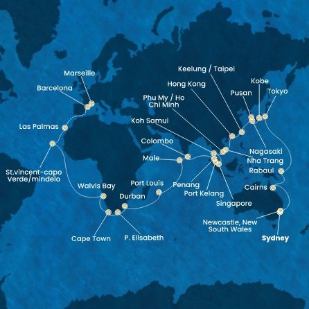 Austrálie, Papua Nová Guinea, Japonsko, Jižní Korea, Tchaj-wan, Čína, Vietnam, Thajsko, Singapur, Malajsie, Srí Lanka, Maledivy, Mauricius, Jihoafrická republika, Namibie, Kapverdy, Španělsko, Francie ze Sydney na lodi Costa Deliziosa
