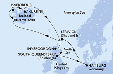 Německo, Velká Británie, Island z Hamburku na lodi MSC Preziosa