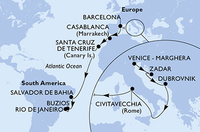 Itálie, Chorvatsko, Španělsko, Maroko, Brazílie z Marghery na lodi MSC Armonia