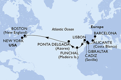 Španělsko, Velká Británie, Portugalsko, Madeira, USA z Barcelony na lodi MSC Meraviglia