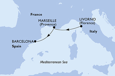 Itálie, Francie, Španělsko z Livorna na lodi MSC Meraviglia