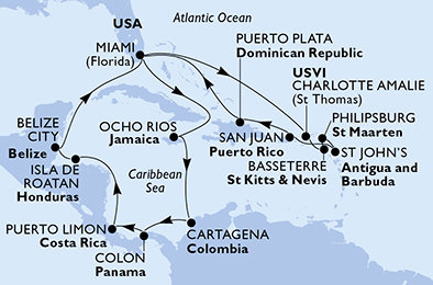 USA, Jamajka, Kolumbie, Panama, Kostarika, Honduras, Belize, Svatý Kryštof a Nevis, Svatý Martin, Antigua a Barbuda, Dominikánská republika z Miami na lodi MSC Poesia