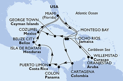 USA, Curacao, Aruba, Jamajka, Kajmanské ostrovy, Mexiko, Kolumbie, Panama, Kostarika, Honduras, Belize z Miami na lodi MSC Poesia